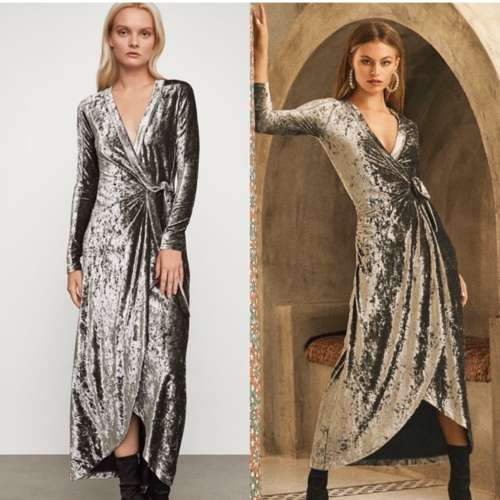 BCBG Velvet Long Maxi Faux Wrap Dress XS Metallic Dressy Party Cocktail Evening